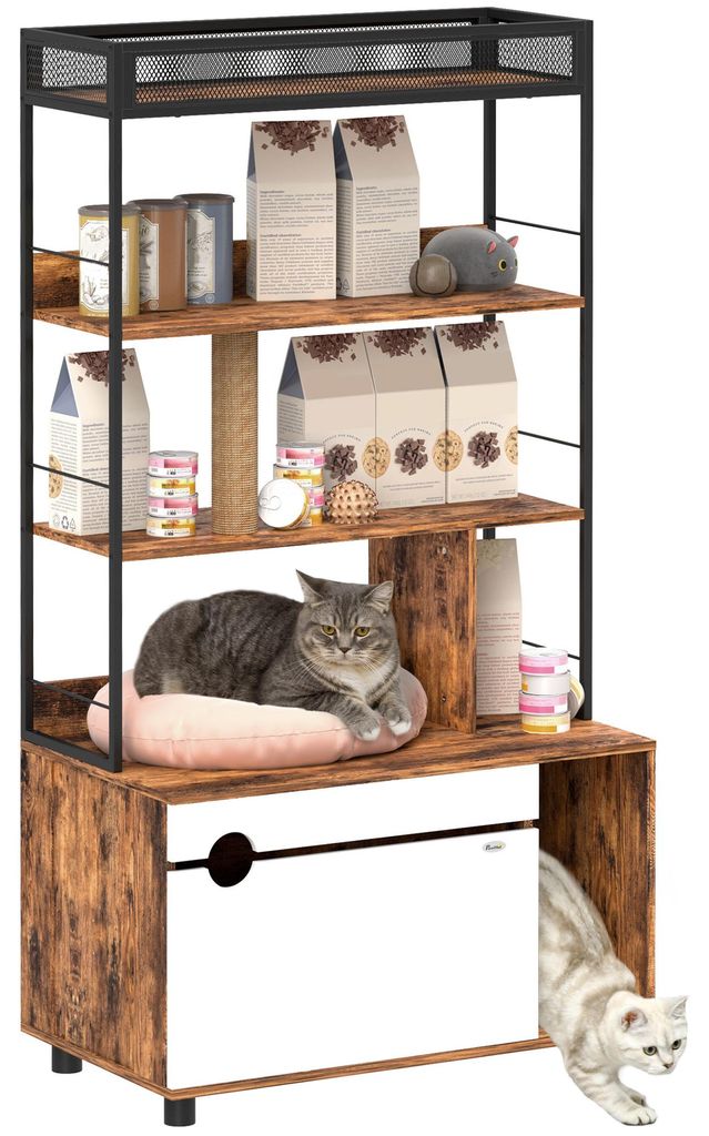 Katzentoilette mit 3-Ebenen-Regal und Kratzpfosten, geschlossenes Katzenklo, 80 x 48 x 152 cm, Braun, Rustikal-Braun, rutschfest