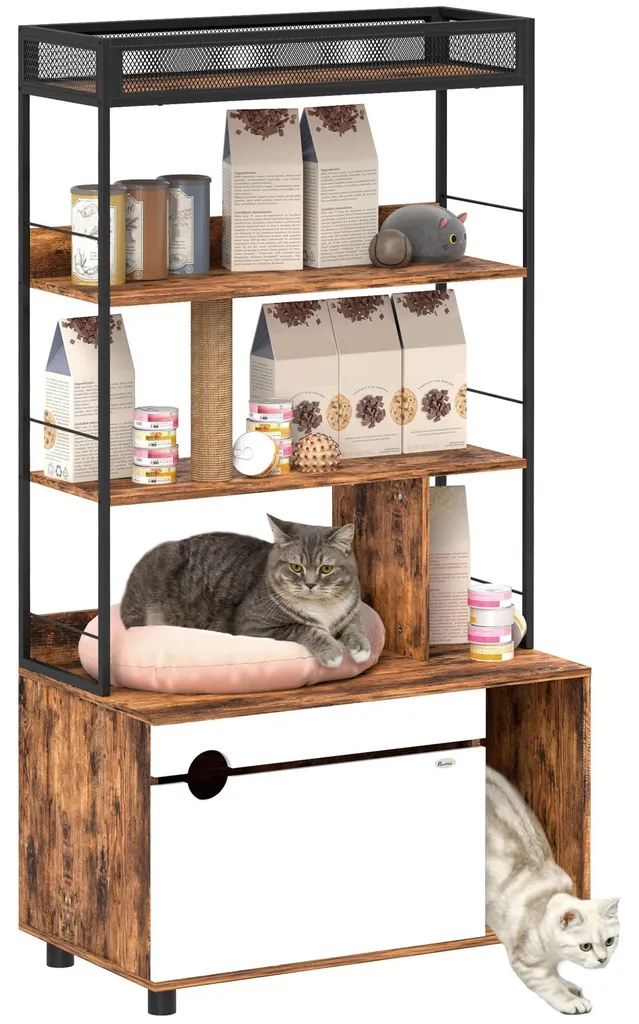 Maison pour chat multifonctionnelle bois et étagère à litière intégrée