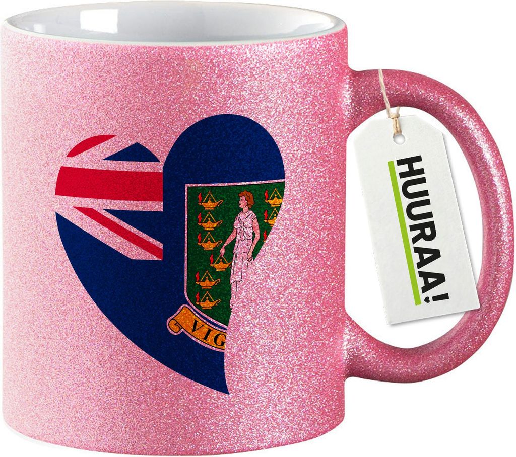 Huuraa Glitzertasse Britische Jungfrau Inseln Flagge Herz 330ml Pink Keramik Kaffeebecher Geschenkidee
