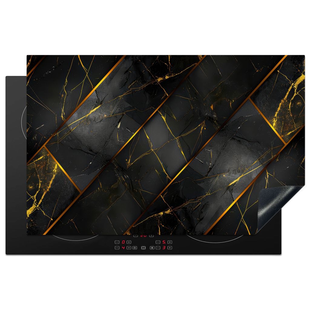 KitchenYeah Herdabdeckplatte Fliese - Schwarz - Gold - Modern , 81x52cm, Küche Deko, Glaskeramikkochfeld Herdabdeckung, Abdeckplatte fùr Kochfeld