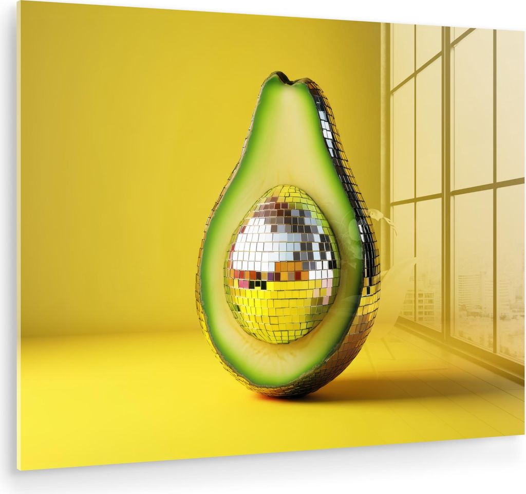 MuchoWow Glasbilder - Bilder auf Wandbild - Foto auf Glas Avocado - Discokugel - Gelb - Glitzer 40x30 cm Wanddekoration aus Glas - Acrylglasbild - ...