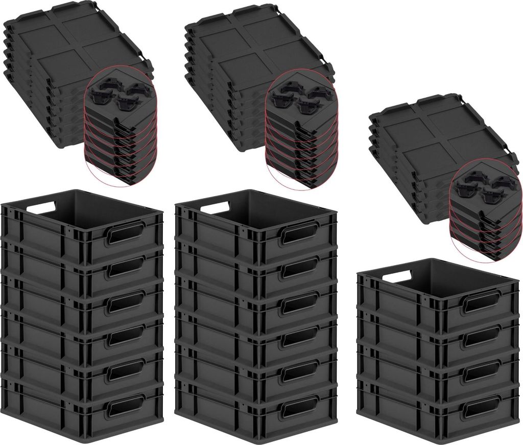 SuperSparSet 16x Eurobox NextGen Grip mit Scharnierdeckel und schwarzen Schiebeschnappverschlüssen | HxBxT 12x30x40cm | 11 Liter | Schwarz | Griff...