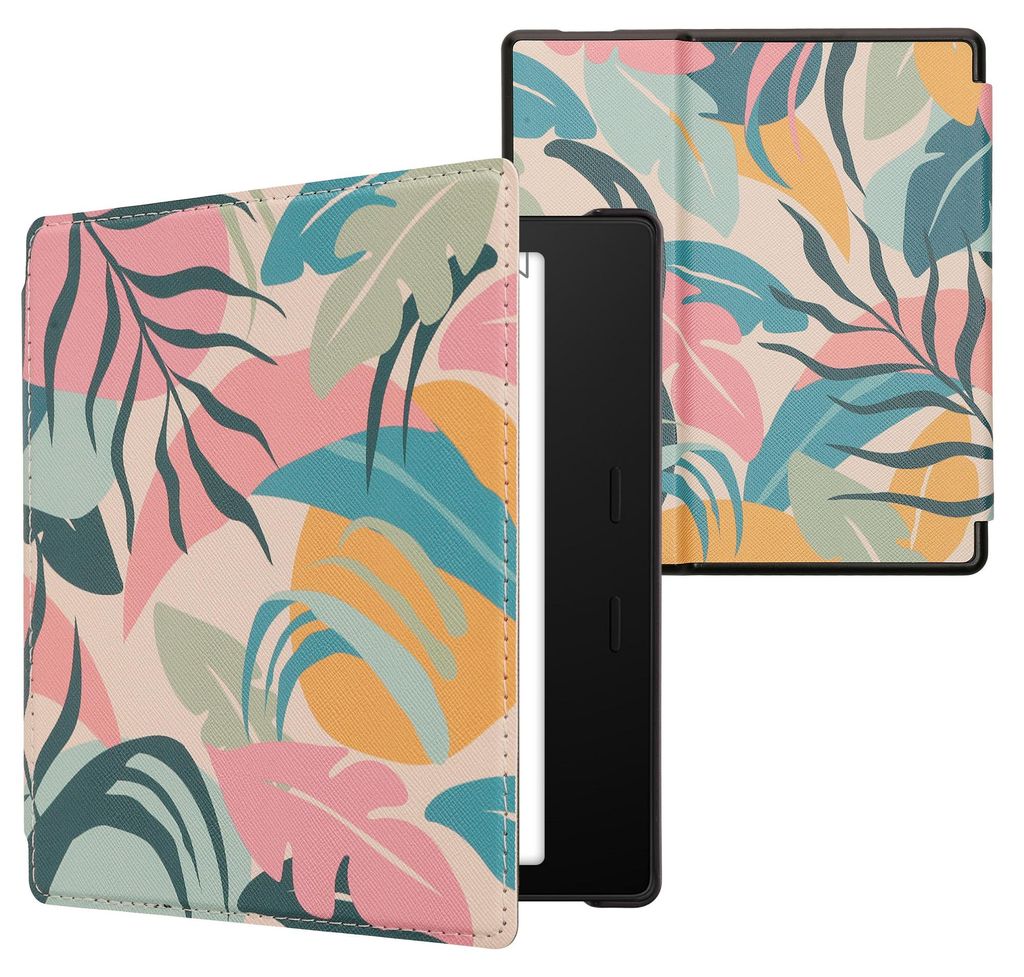 kwmobile Schutzhülle für Amazon Kindle Oasis 10. Generation Hülle - eReader Flip Case mit Auto Sleep Funktion - Tropischer Dschungel mit Rosa Gelb