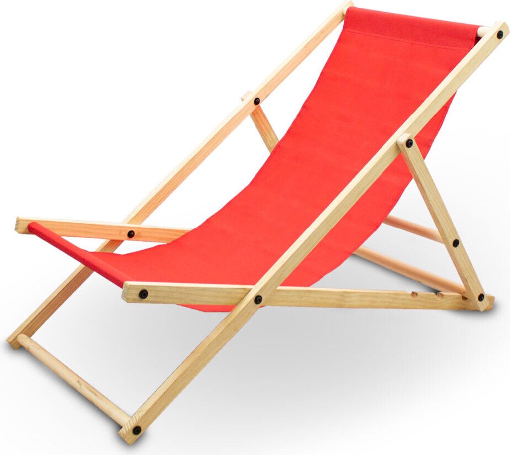 A red canvas deck chair with a wooden frame, isolated on a white background.