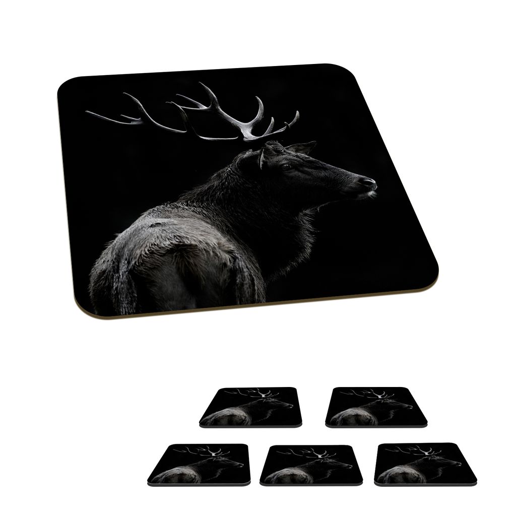 KitchenYeah Glasuntersetzer Quadratisch 6er Set Hirsch - Schwarz - Porträt - Geweih - Tiere 10x10 cm Untersetzer für Gläser - Getränkeunters...