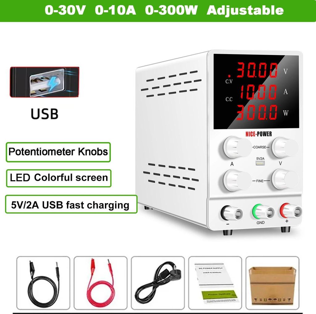Regelbares DC‐Labornetzgerät - SPS3010 - 0–30V 10A 300W - USB 5V 2A - LED-Display - Fein- & Grobeinstellung - CV/CC-Betrieb - Gold