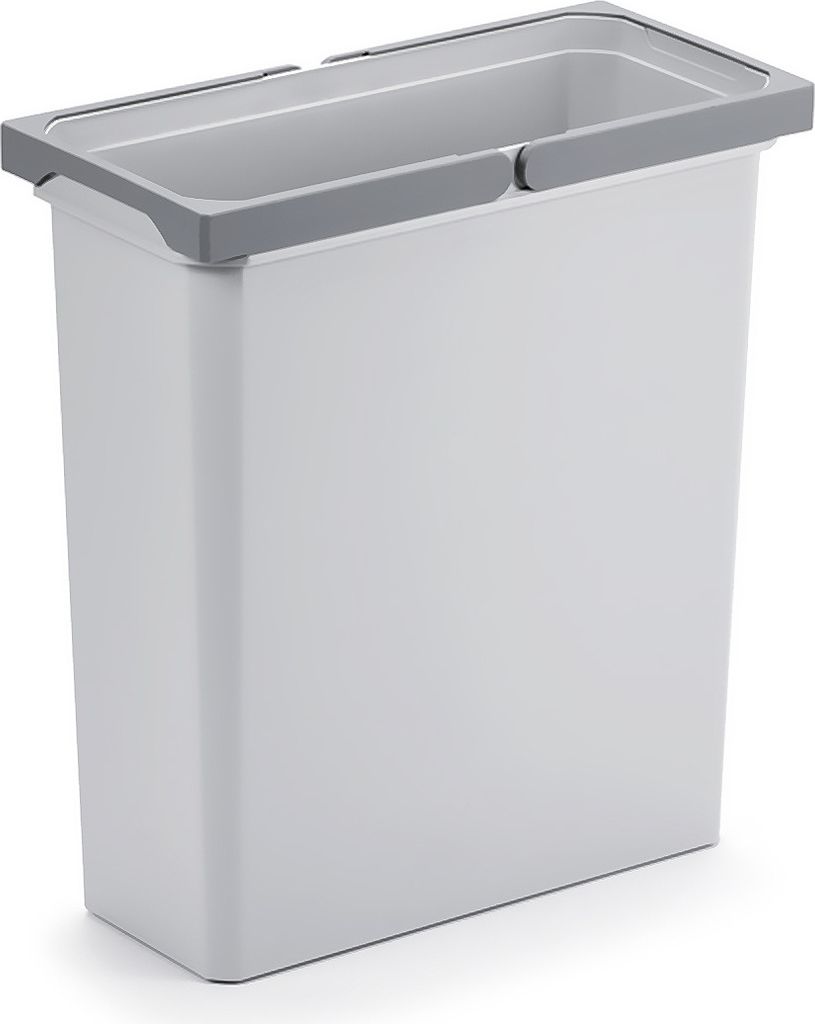 A white trash can with a gray rim and handle, shown from the front.