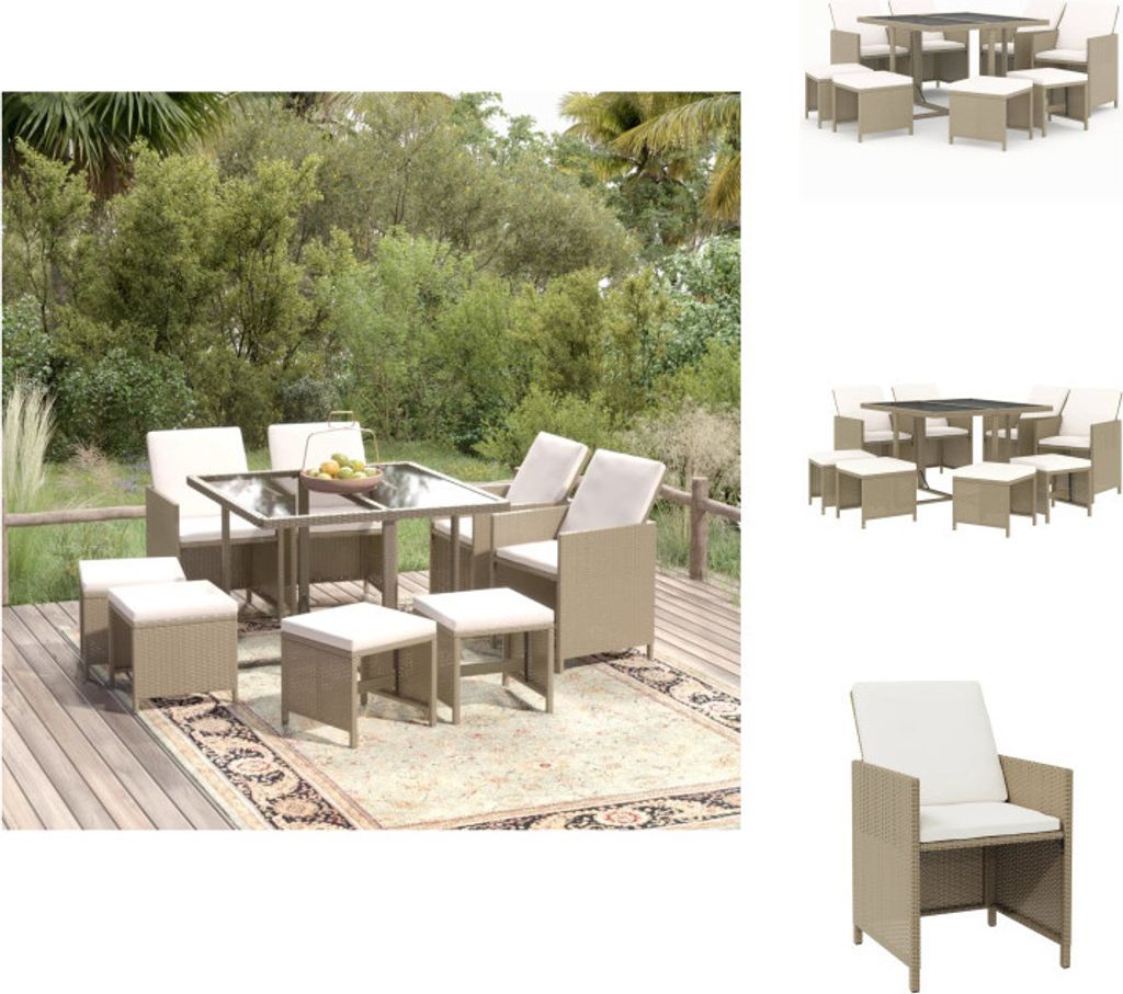vidaXL 9-tlg. Garten-Essgruppe mit Kissen Poly Rattan Beige - Gartenmöbel-Sets