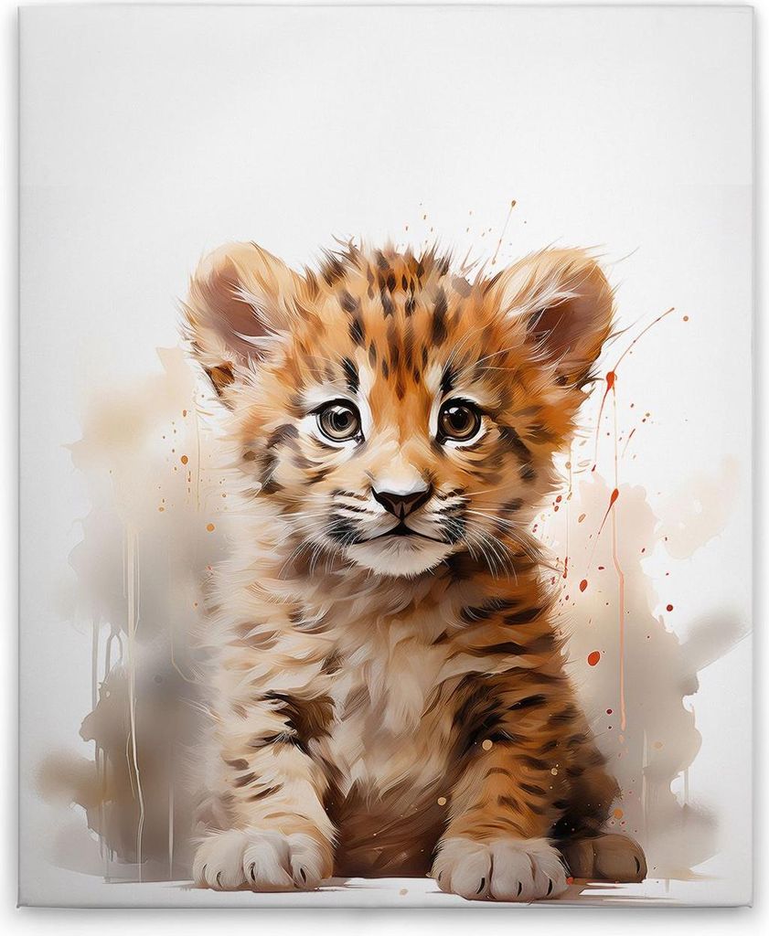 TADESSI Leinwandbild Baby Tiger Kinderzimmer - Wandbild 40 x 50 cm - Kunstdruck auf Leinwand in Weiß Beige - M1-No.51878