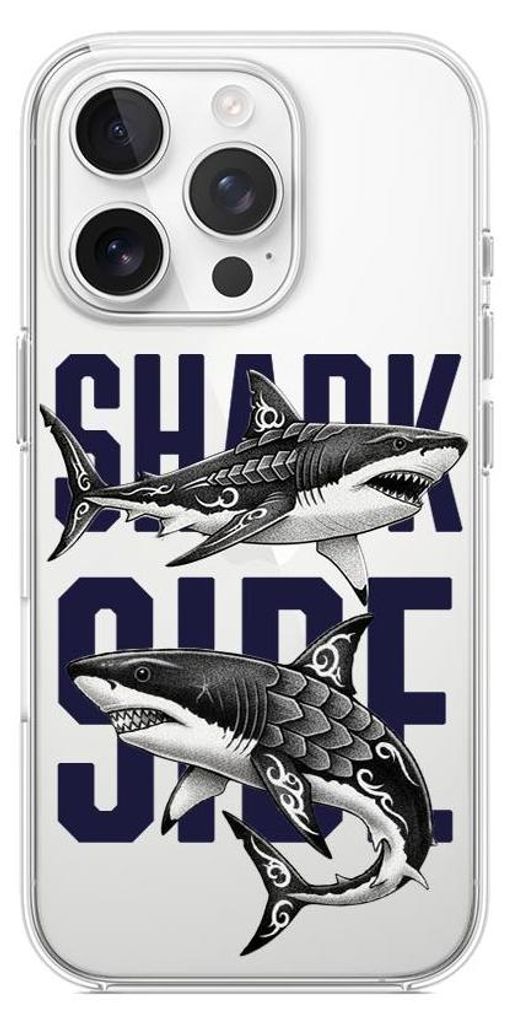 Flexible Hülle für das iPhone 15 Pro, TPU Silikon transparent, Haie mit der Aufschrift Shark Side