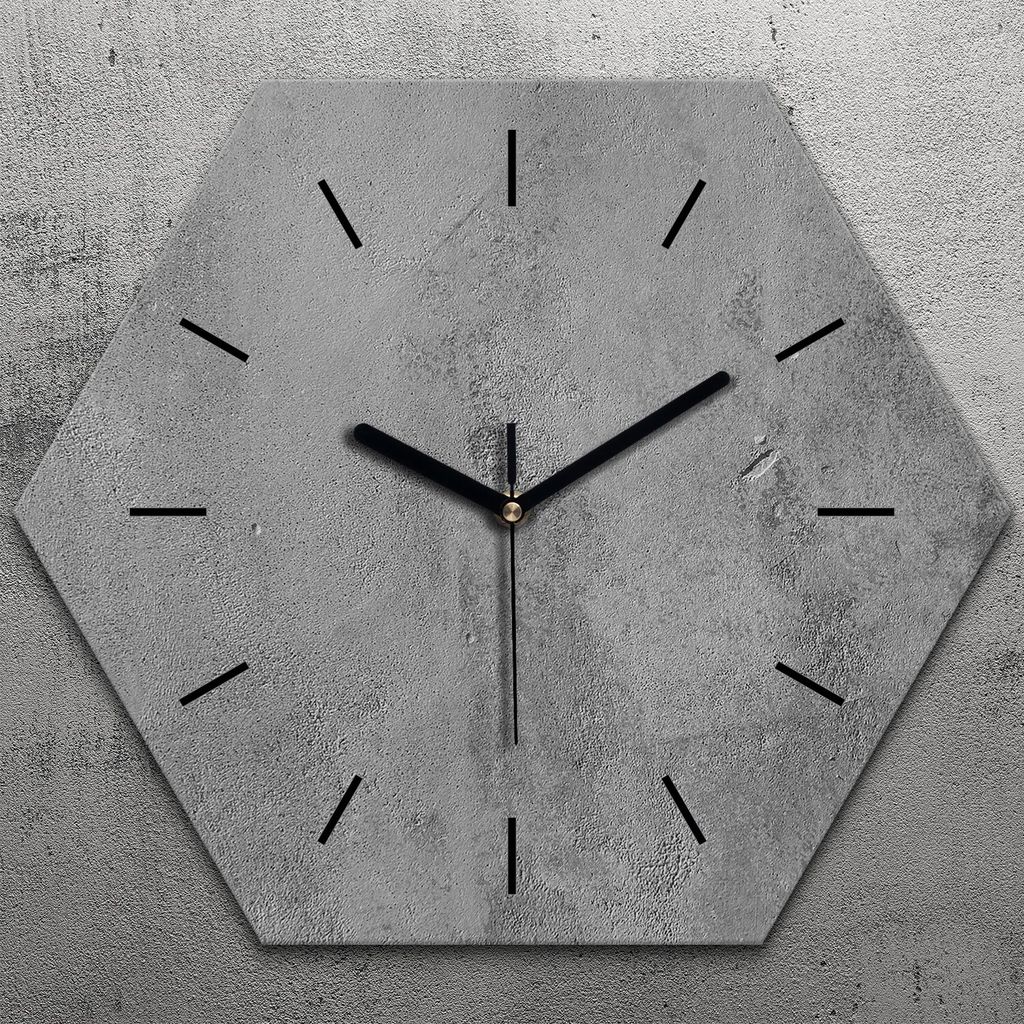 Uhr hexagonal 40 cm Glas Geräuschlos schwarze Zeiger - Beton Zement Textur