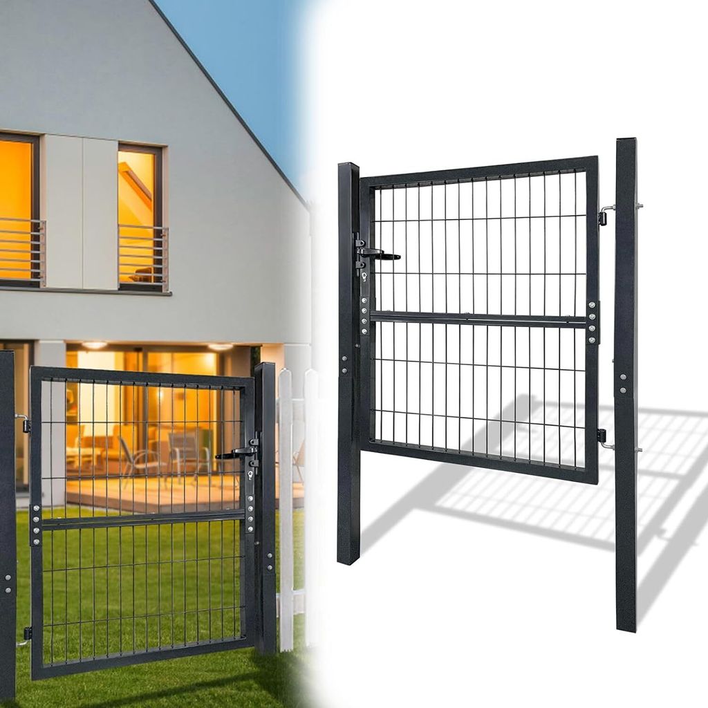YUENFONG 100 x100cm Gartentür Gartentor für Stabmattenzaun Hoftor Zauntür Gartenpforte Inkl. Schloss, Pfosten und Befestigungsmaterial, Anthrazit