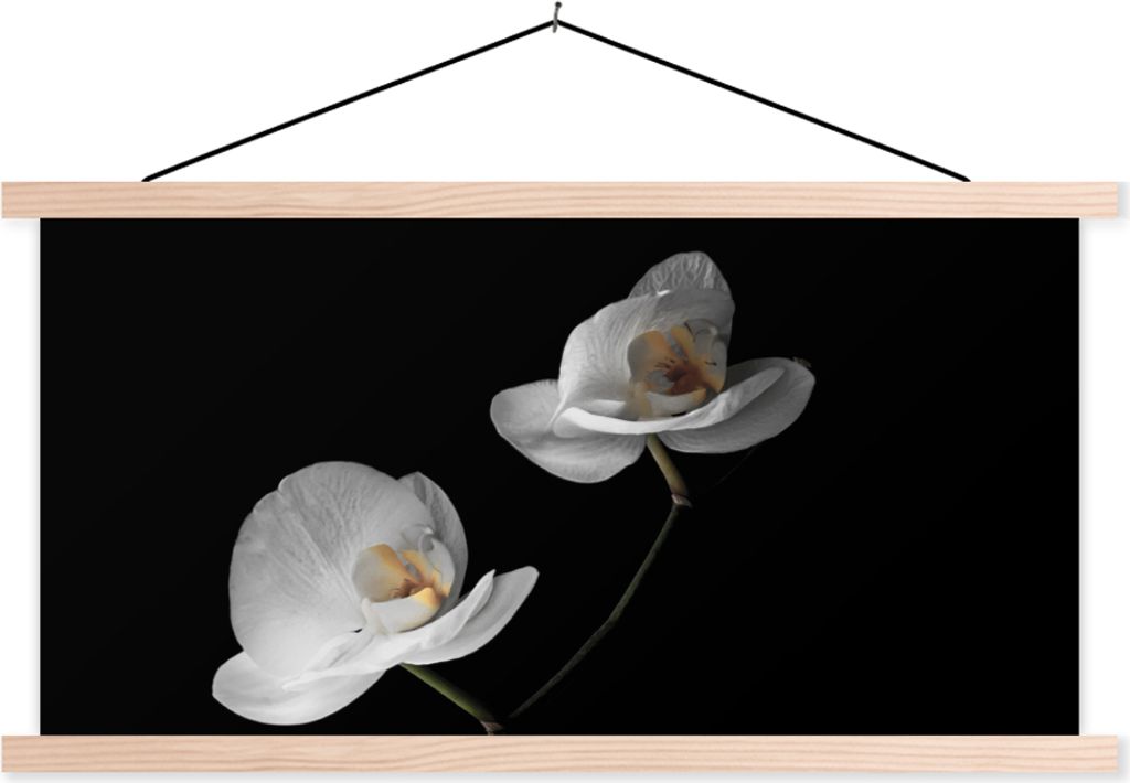MuchoWow Textilposter Orchidee - Blumen - Schwarz - Weiß - Stilleben 120x60 cm mit holzfarbenen Rahmen - Klemmleiste