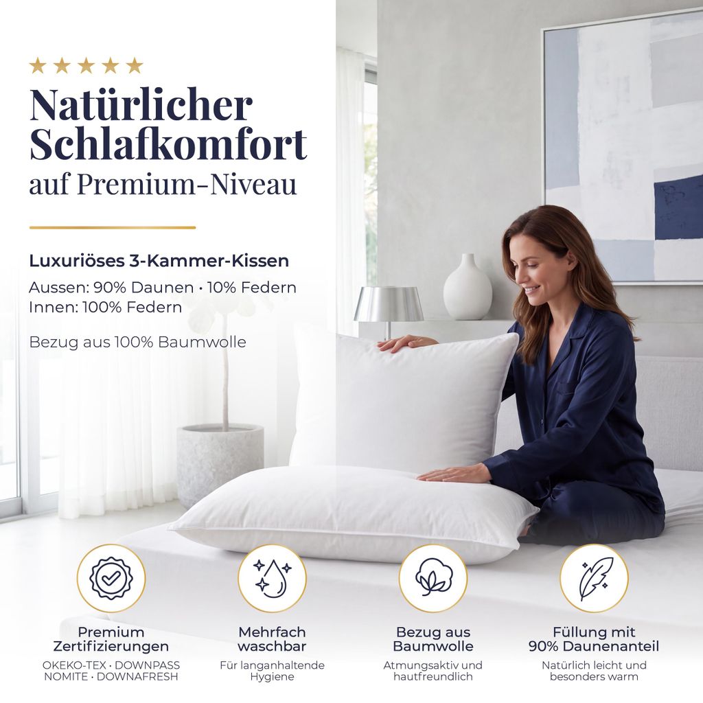 Gentle North 3-Kammer Daunenkissen 80x80 cm, 90 % Daunen außen, 100 % Federkern, 1.100 g Füllung, 100 % Baumwolle, Germany