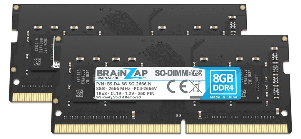 BRAINZAP 16GB DDR4 RAM SO-DIMM PC4-2666V 1Rx8 2666 MHz 1.2V CL19 Notebook Laptop Arbeitsspeicher (2x 8GB)