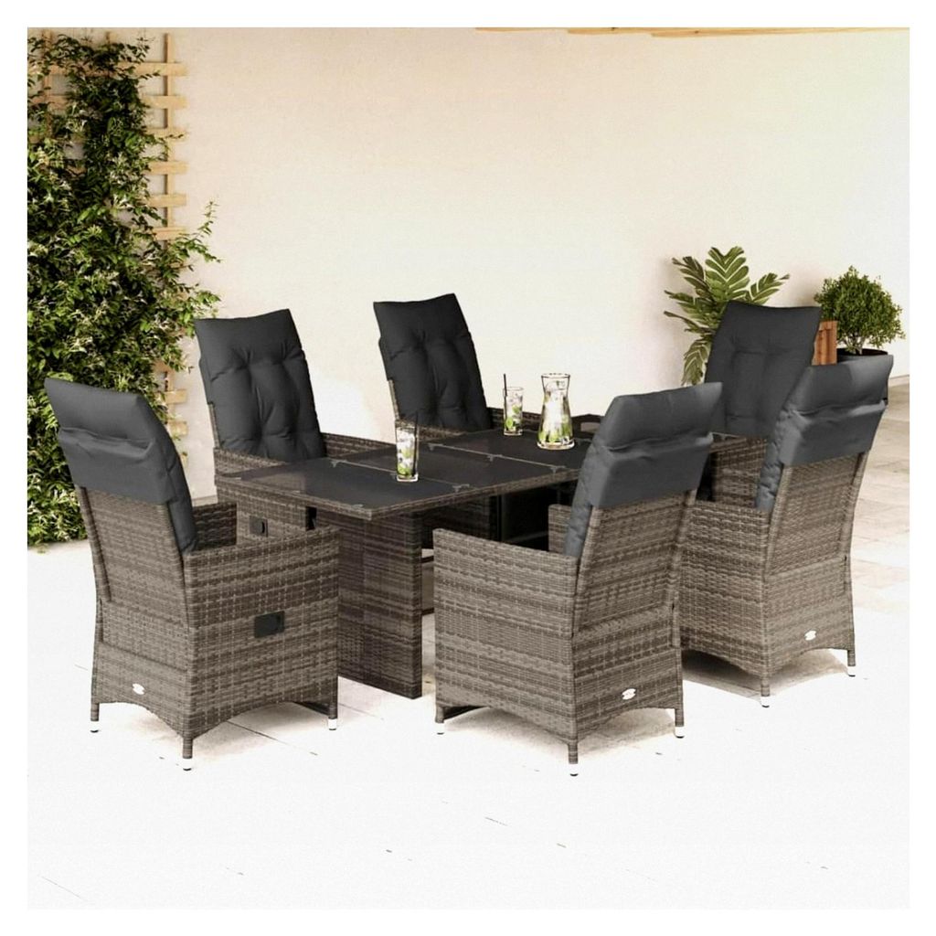 7-teiliges Garten-Bistro-Set mit Kissen in Grau aus Poly Rattan, Gartenset mit Sesseln und Tisch für Terrasse, Wintergarten, Café-Außenbereich u...