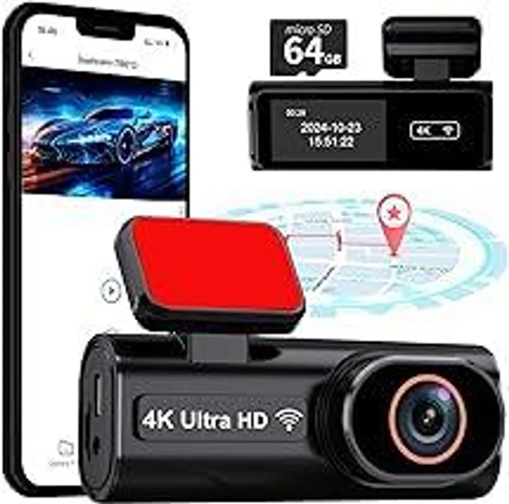 Dashcam auto anteriore e posteriore, doppia telecamera 4K+1080P con Wi-Fi 5GHz, GPS e monitoraggio parcheggio 24/7 per la massima sicurezza grazie alla visione notturna ADAS e all'angolo di visione ampio 170° - Scheda SD da 64 GB inclusa - 1