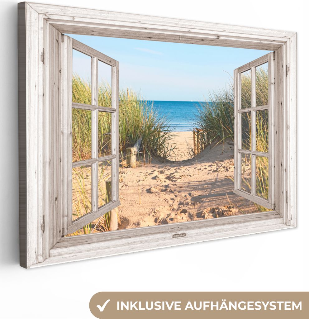 Leinwand Bilder 90x60 cm - Fensterblick - Meer - Dünen - Sand - Wasser - Hochgras, Bilder, Wanddeko, Wandbilder Wohnzimmer