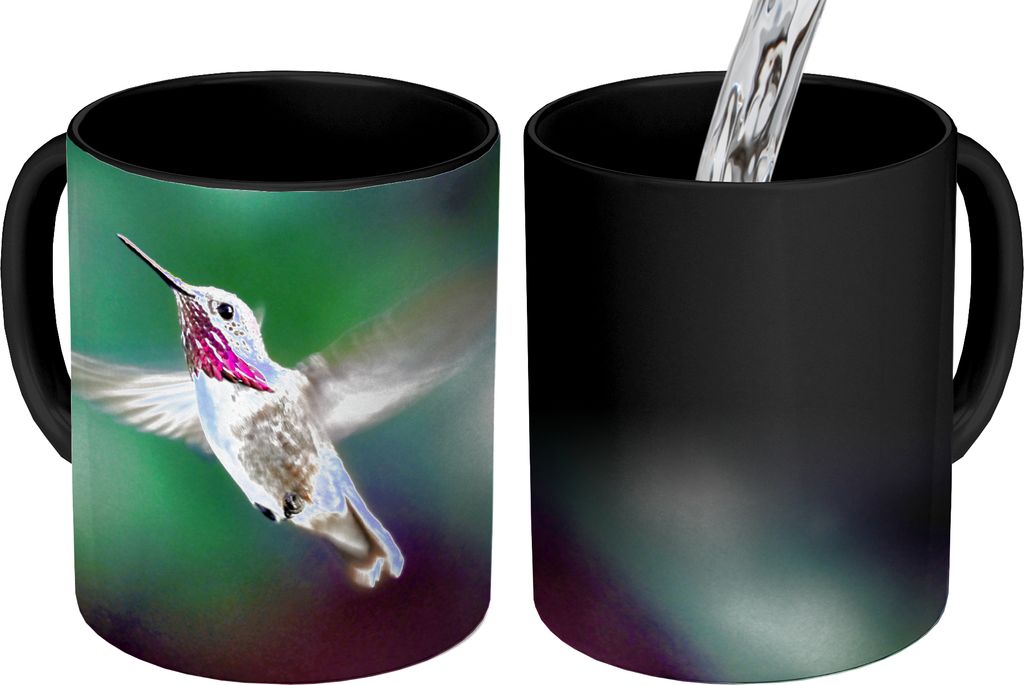 MuchoWow Zauber Tasse Zaubertasse Magic Kolibri - Schwarz 350 ml Farbwechsel Becher Geschenk Geschenkidee - Magic-Tasse - Fototasse - Keramiktass...
