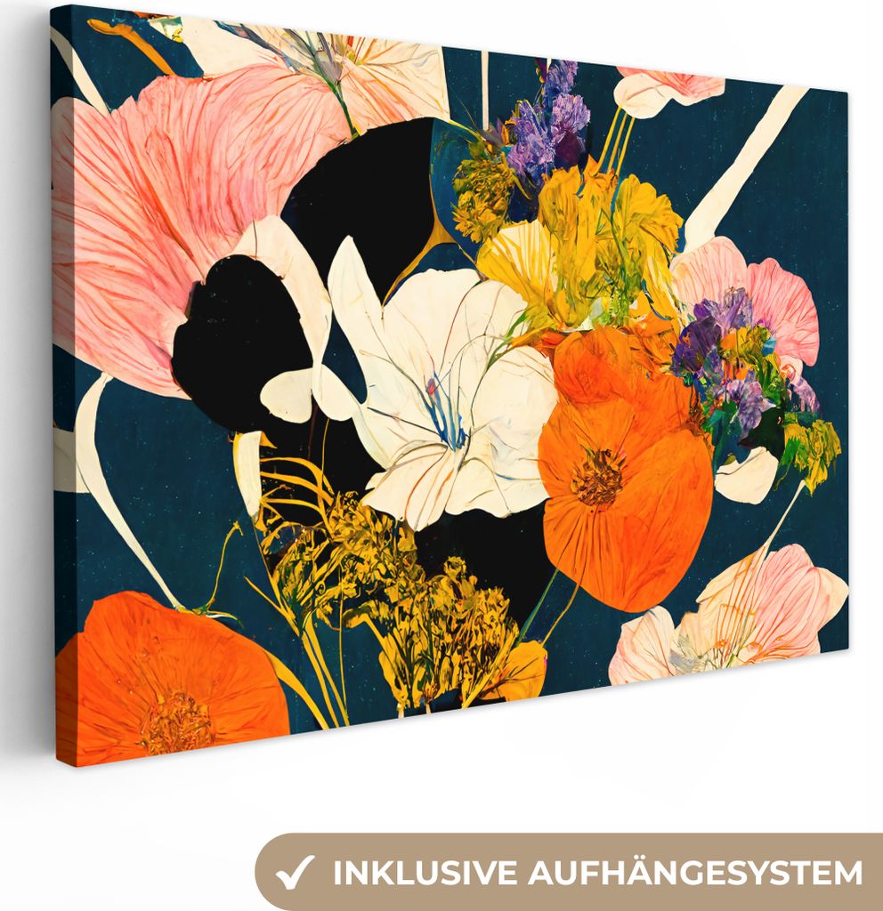 MuchoWow - Leinwandbilder - Blumen - Vase - Malerei - Pflanzen, Wandbild, Wanddeko Bilder Wohnzimmer, 90x60 cm