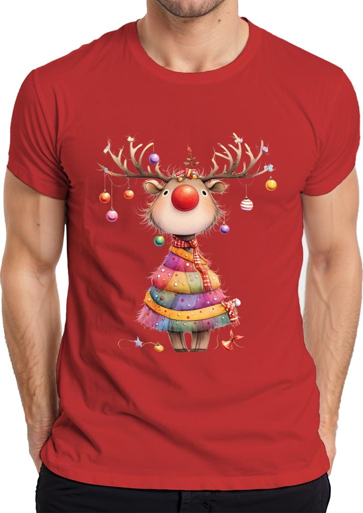 Rentier rote Nase Geweih Weihnachtskugeln Patchwork Weihnachten Herren T-Shirt, Rot, XL