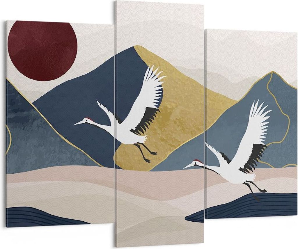 Bild auf Leinwand - Leinwandbild - 3 Teile - Kraniche Berge Sonne - 130x100cm - Wand Bild - Wanddeko - Wandbilder - Leinwanddruck - Bilder - Wandde...