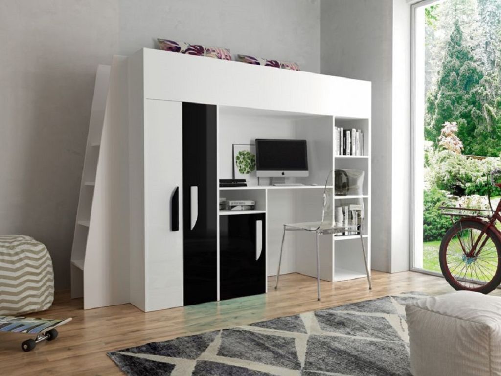 Hochbett Etagenbett mit Schreibtisch Schrank Regal und Treppe 90x200 PARIS 5 hochglanz weiß-schwarz