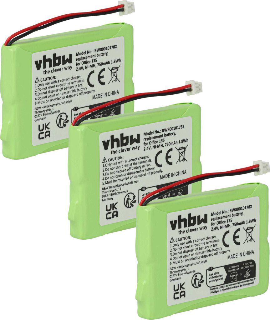 vhbw 3x Akku Ersatz für 20328196BD, 2010 für schnurlos Festnetz Telefon (750 mAh, 2,4 V, NiMH)