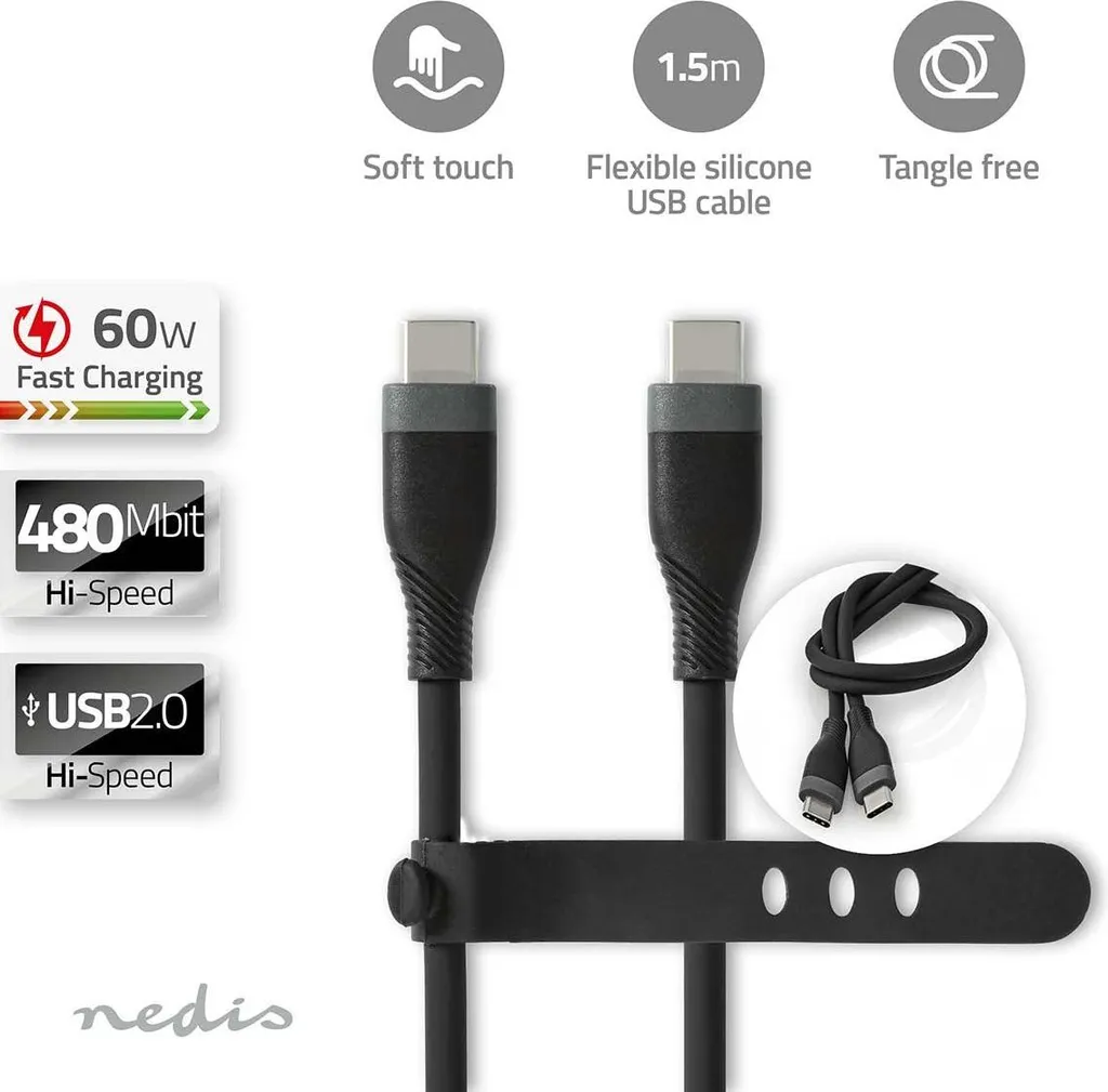 Cavo Ricarica USB-C 60W in Silicone Nero - 1.5 Metri Design