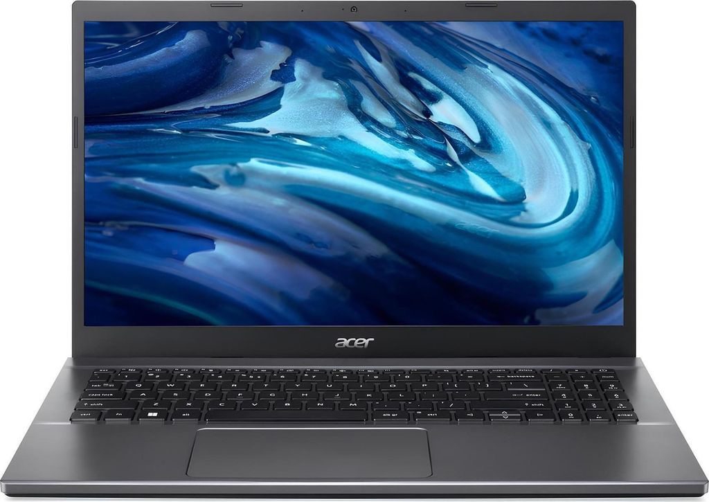 A front view of an open Acer laptop with a blue abstract wallpaper on the screen.