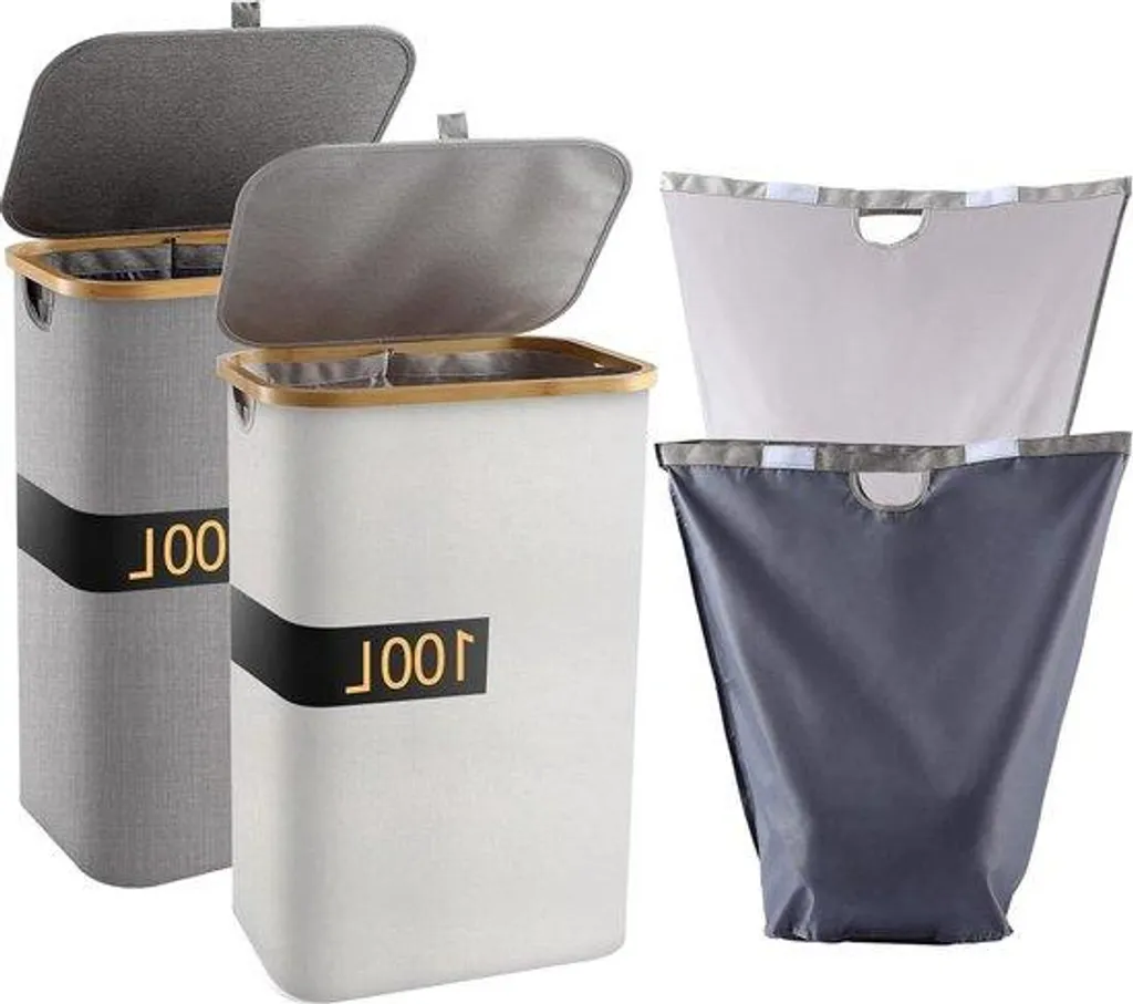 Panier à linge étroit 100L en bambou avec compartiment de tri sélectif