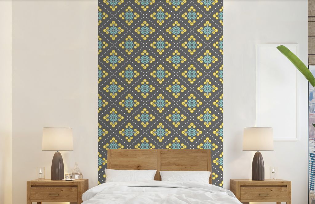 MuchoWow Fototapete für Wohnzimmer oder Schlafzimmer Wandtapete Vinyl Motivtapete Design - Kariert - Blumen - Grau - 120x240 cm - Hintergrundbild