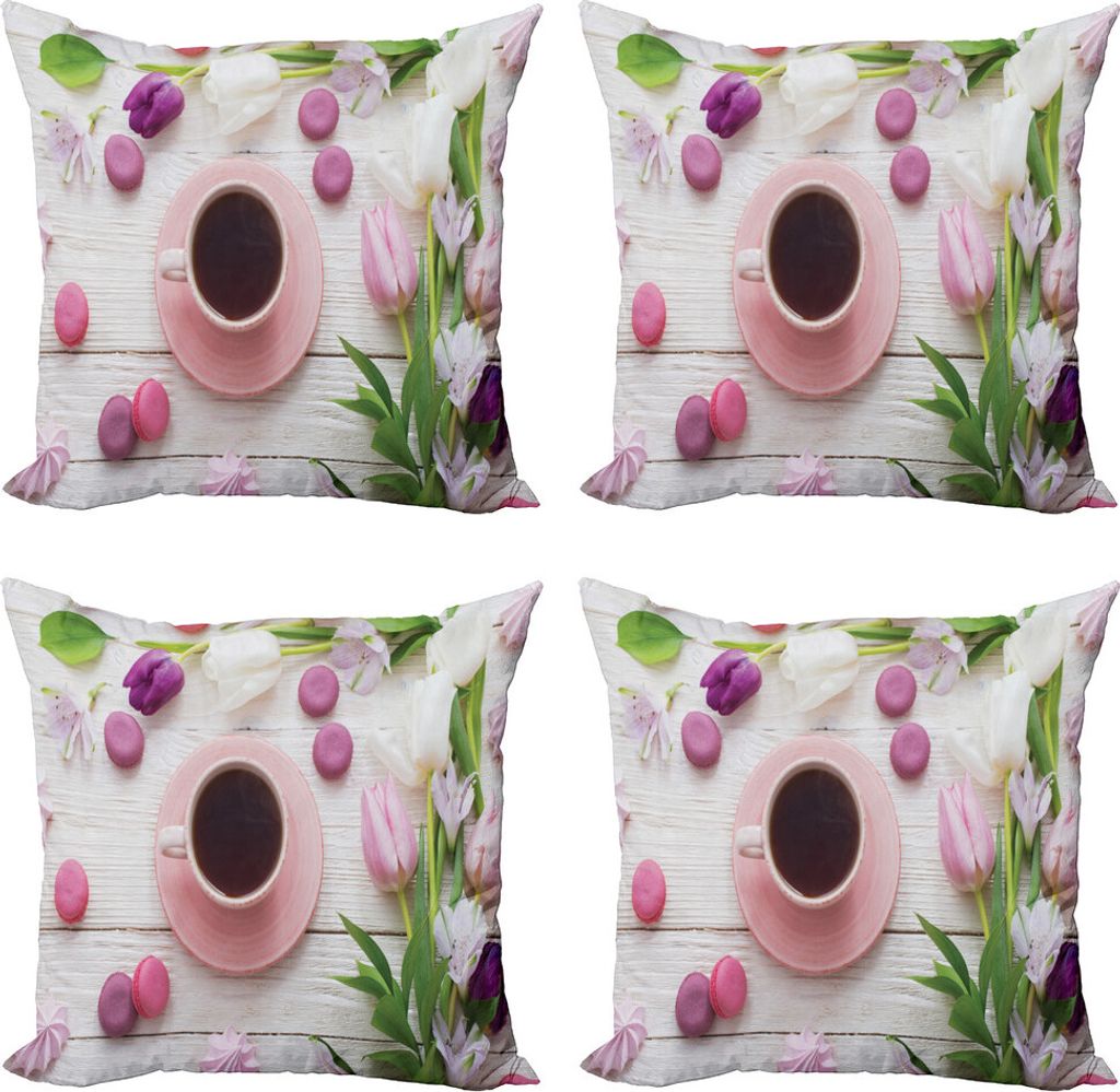 ABAKUHAUS Kaffee Kissenbezug Set (4 Stück), Cup Makronen und Tulpen, Moderner Doppelseitiger Digitaldruck, 45 cm x 45 cm, Mehrfarbig
