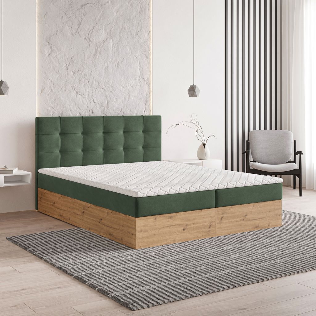 Masseno Boxspringbett MOLVEN 180x200 cm Komplett-Set mit Bonell Matratze und Topper, Polsterbett mit Bettkästen -Grün, SORO 72