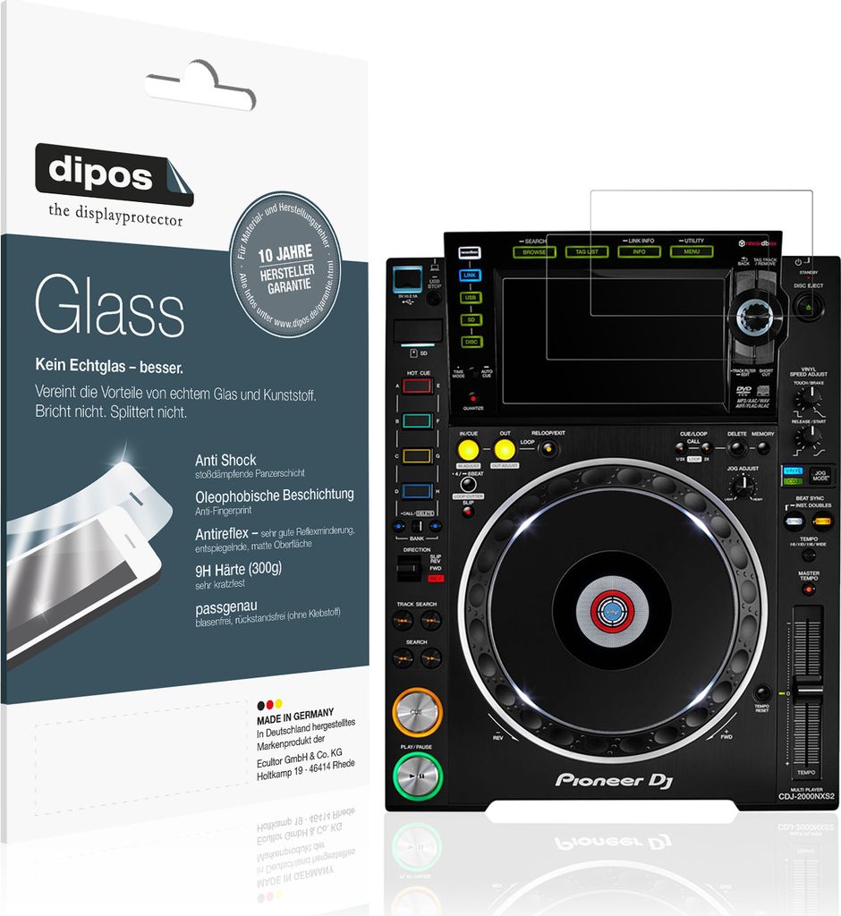 2x Schutzfolie für Pioneer CDJ-2000NXS2 Display matt - Anti-Shock 9H Folie dipos Glass Kunststoffglas