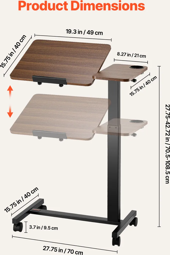 Comodino VEVOR, tavolino mobile con piano di lavoro pieghevole, tavolino per laptop regolabile in altezza e angolazione, comodino per ufficio e studio - 3