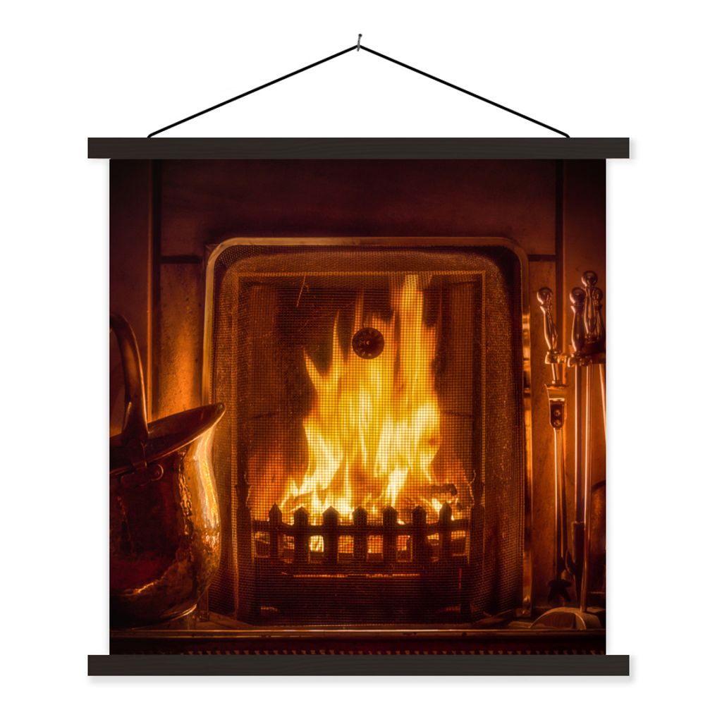 MuchoWow Textilposter Ein Kamin mit einem warmen Feuer 60x60 cm mit schwarzem Rahmen - Posteraufhänger