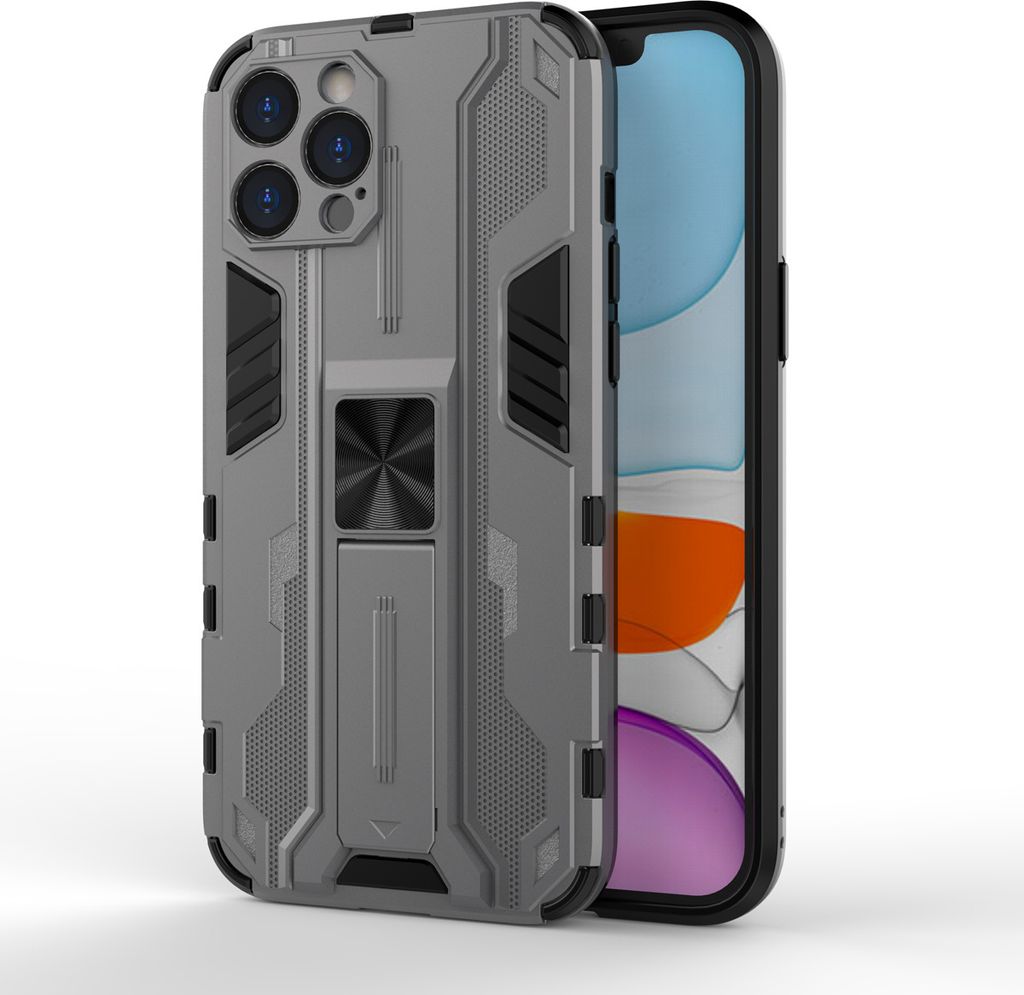 iPhone 12 Pro Hülle, Dual Layer PC TPU Bumper Stoßfest Ständer Schutzhülle für iPhone 12 Pro Grau