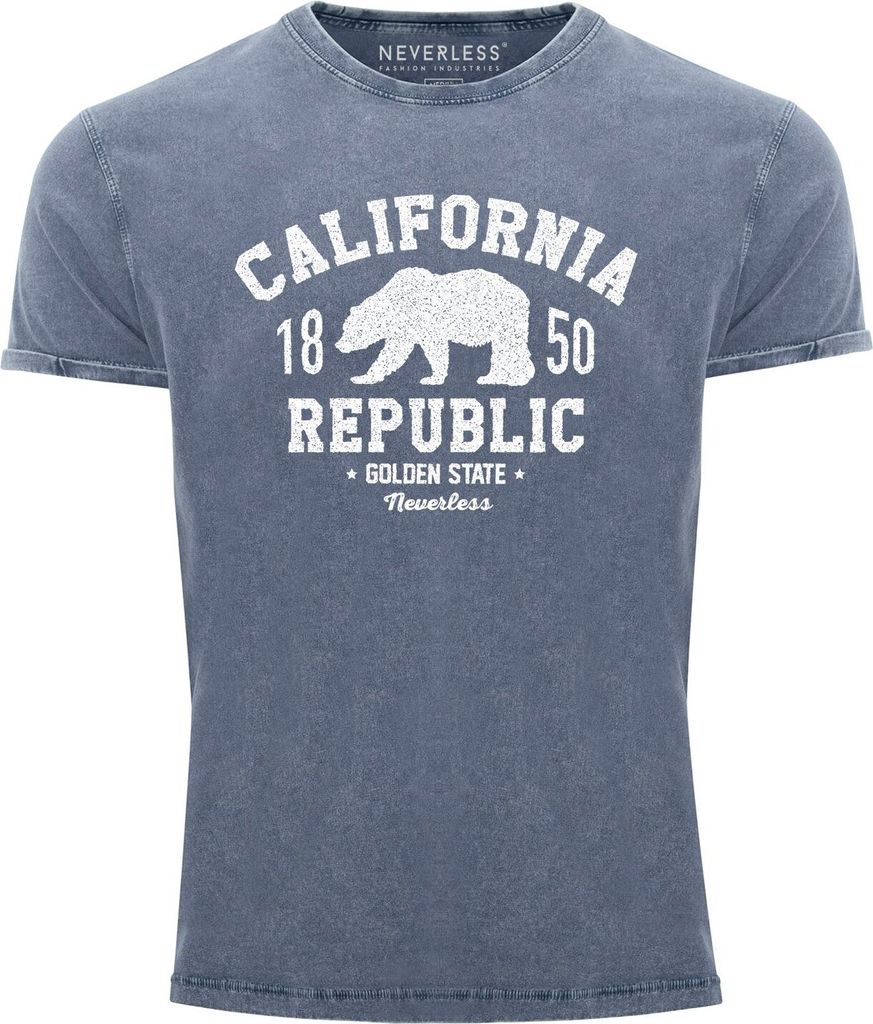 Neverless Herren T-Shirt Vintage Shirt Printshirt California Republic Kalifornien Golden State Grizzly Bär Bear Logo Used Look Slim Fit blau 3XL