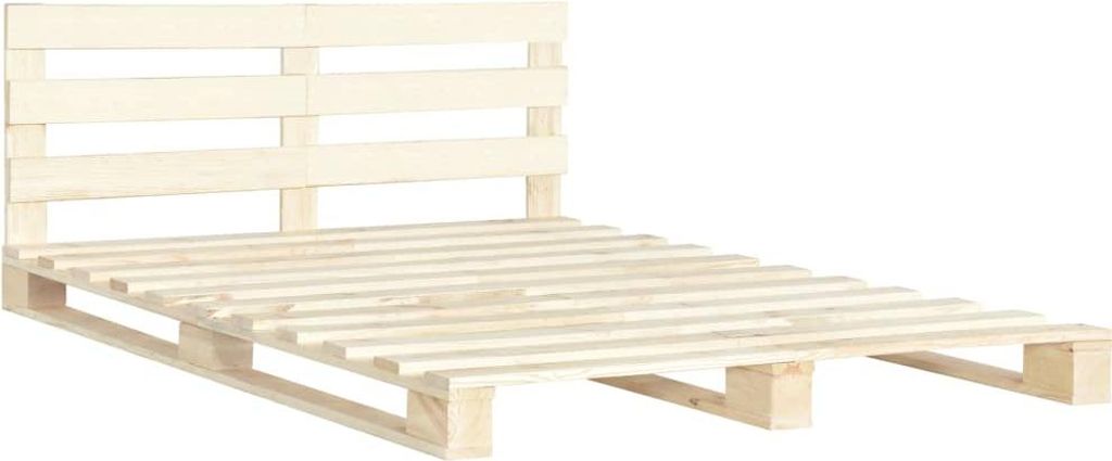 A wooden pallet bed frame with a headboard, shown against a white background.