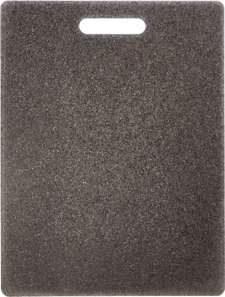 A dark gray cutting board with a handle cutout at the top.