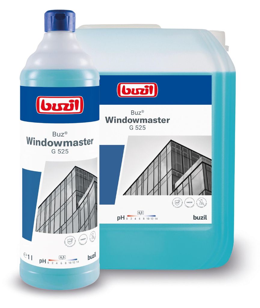 A bottle and a larger container of Buzil Windowmaster G 525 cleaning fluid are shown against a white background.