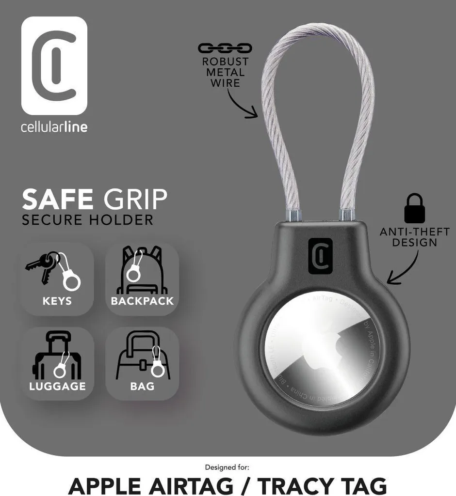 Custodia AirTag Ultra-Resistente Safe Grip Cellularline con Cavo