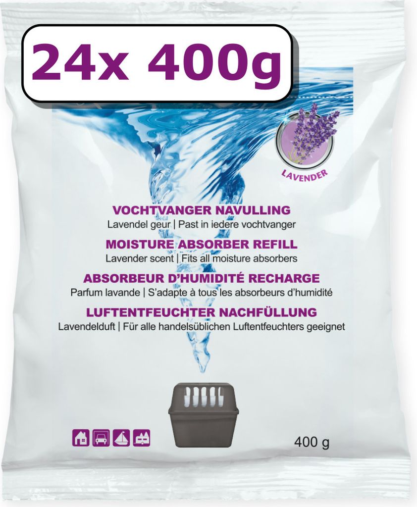 24x Luftentfeuchter Nachfüllung - 400 Gramm - lavendelduft - Granulat im Vliesbeutel - Feuchtigkeit Absorber Nachfüllpack