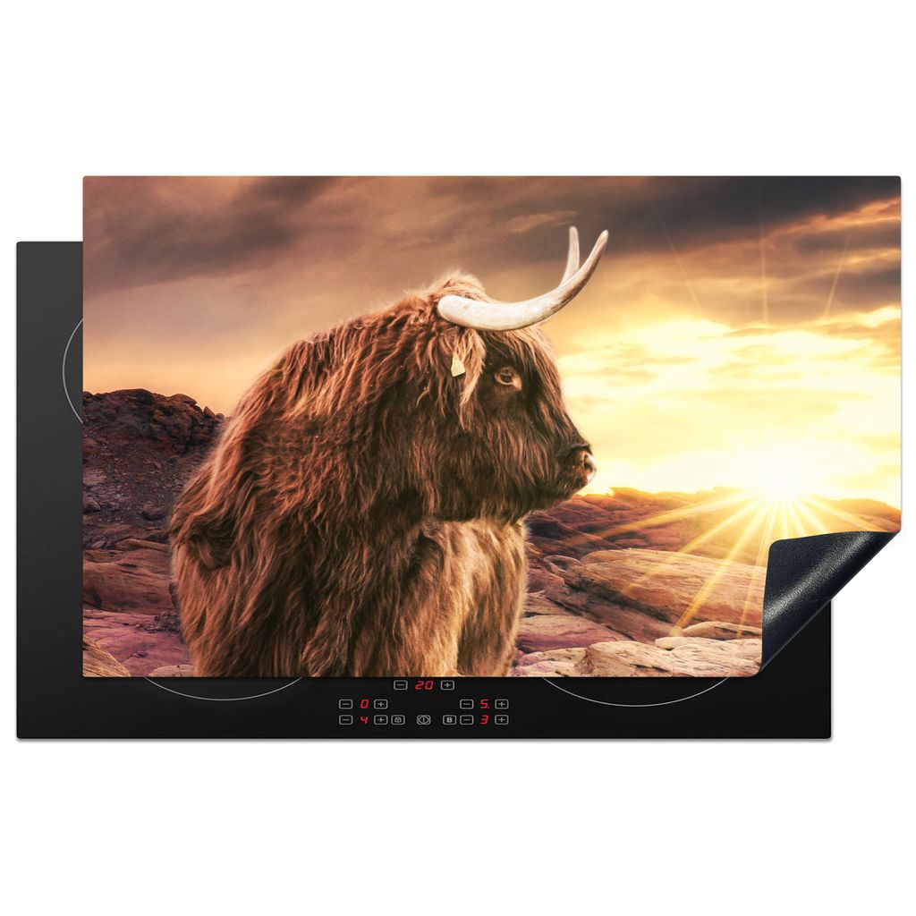 KitchenYeah Herdabdeckplatte Schottischer Highlander - Sonnenuntergang - Tier , 83x51cm, Küche Deko, Glaskeramikkochfeld Herdabdeckung, Abdeckpl...
