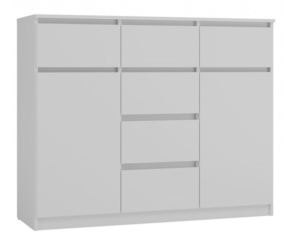 A white dresser with six drawers and two doors, shown from a three-quarter angle against a white background.