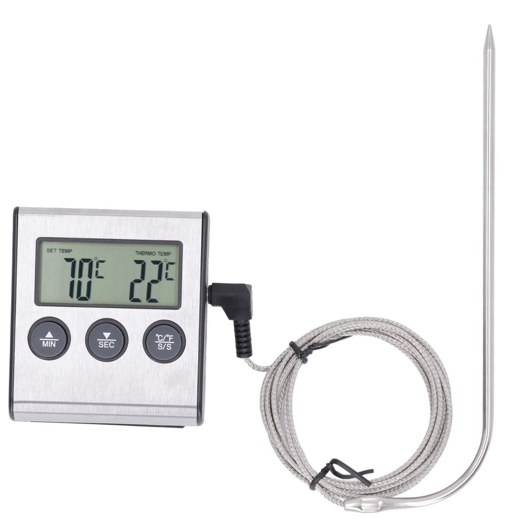 Elektronisches Fleischthermometer mit Sonde, digitaler Ofen zum Kochen, Kochen, Grillen, voreingestellte Temperatur, Timer
