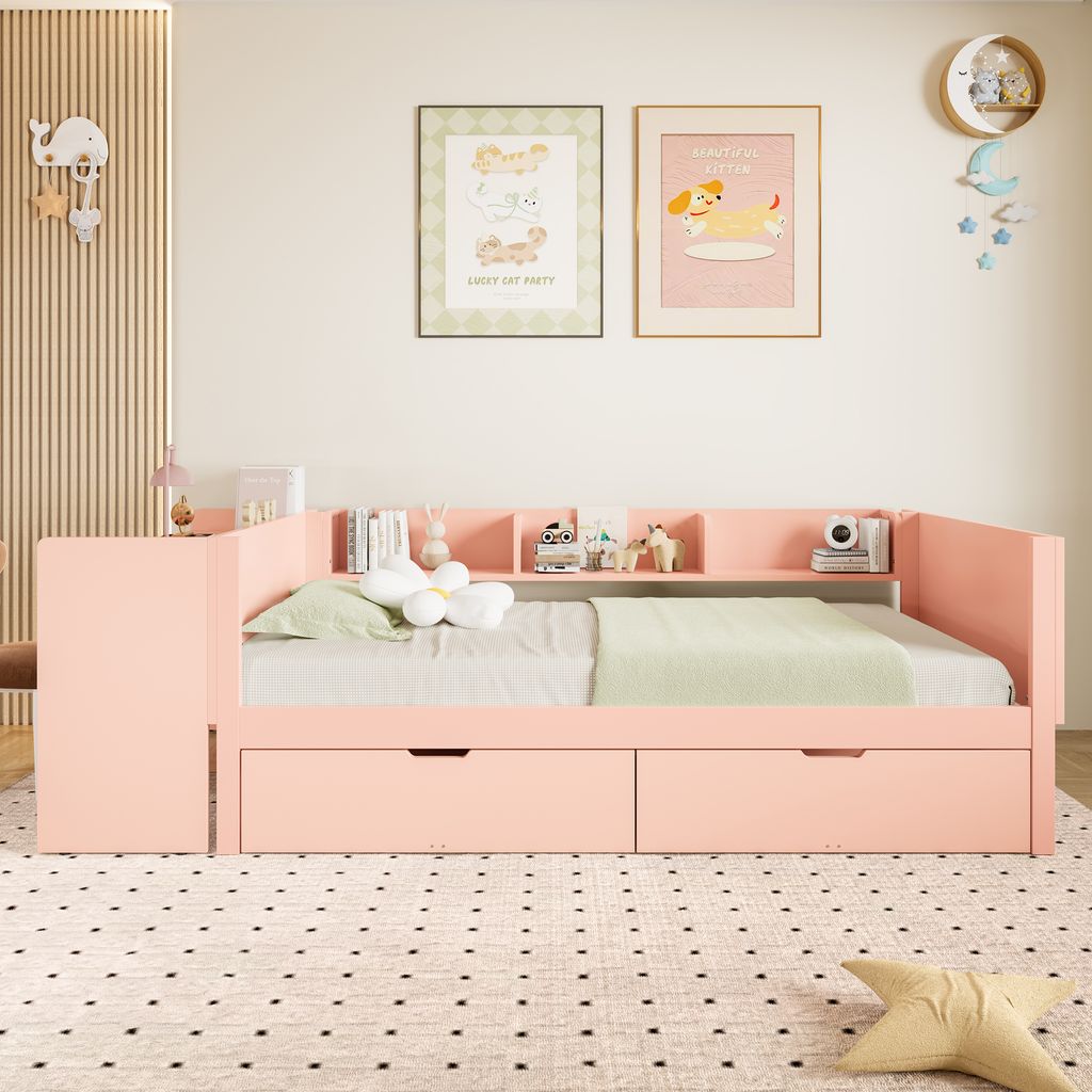 STILVORA Holzbett 90x200cm Jugendbett Ohne Matratze,Flachbett mit Schreibtisch&Regalen,Einzelbett mit 2 Schubladen,Rosa