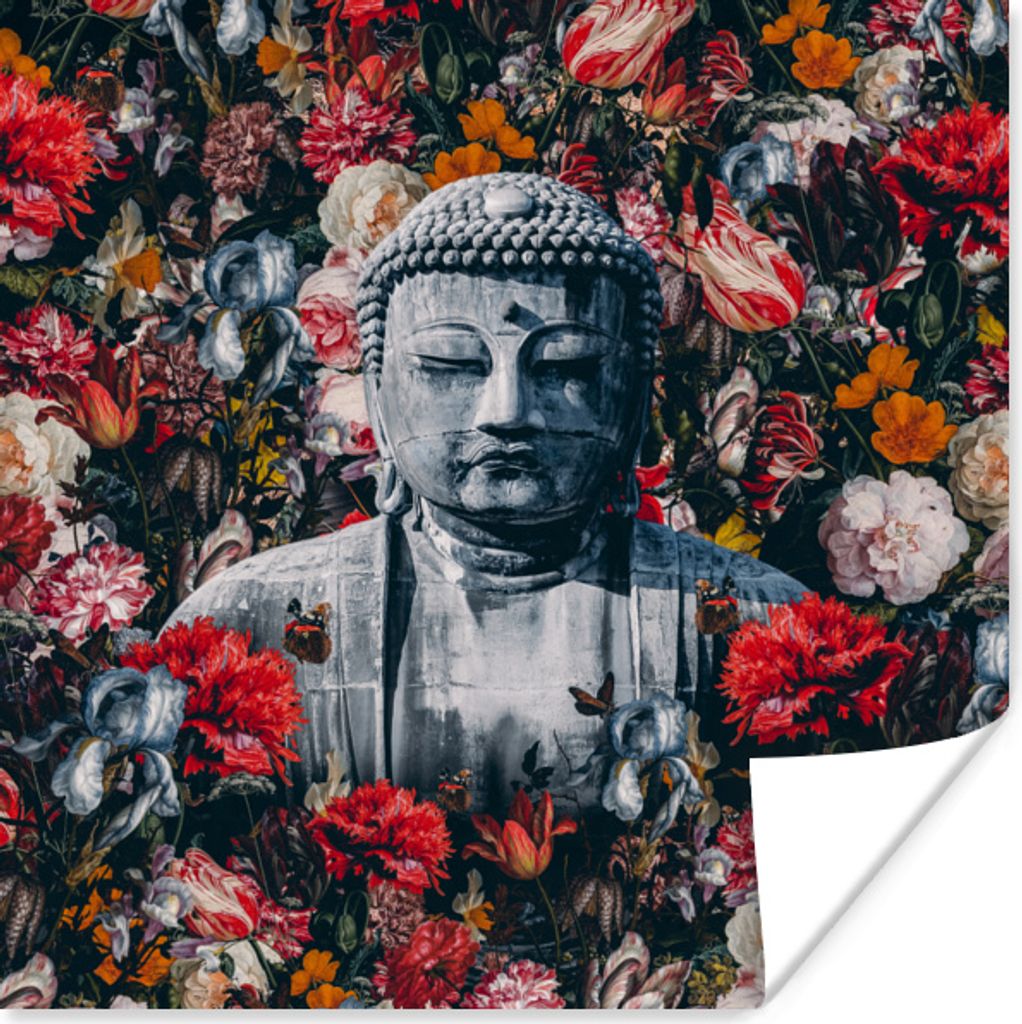 MuchoWow Poster Buddha - Blumen - Rot 50x50 cm - Wohnzimmerdekoration
