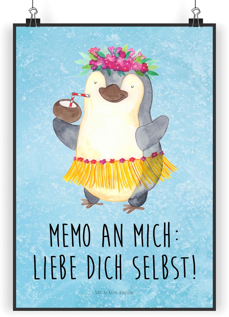 Mr. & Mrs. Panda Bild Pinguin Kokosnuss DIN A4 - Eisblau - Geschenk, Hawaii, Wandbild, Urlaub, Kunstdruck, drucke, Plakat, Ferien, wanddeko